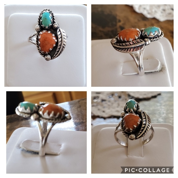 Genuine Coral & Blue Mojave Turquoise Ring 9.5 - Picture 2 of 7